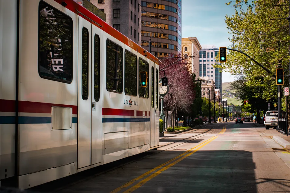 Light rail train traveling through downtown Salt Lake City